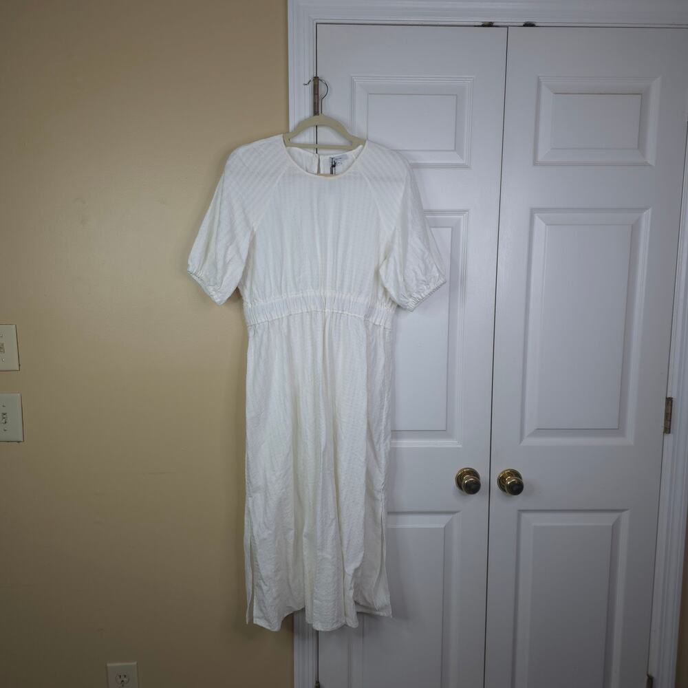 Iris & Ink Eve Gathered Cotton Midi Dress in Off-White Size 12